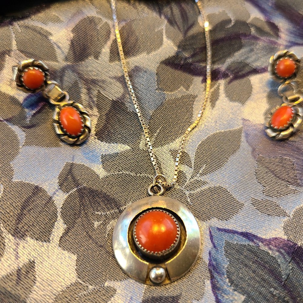Sterling Silver/Coral Navajo Necklace & earrings